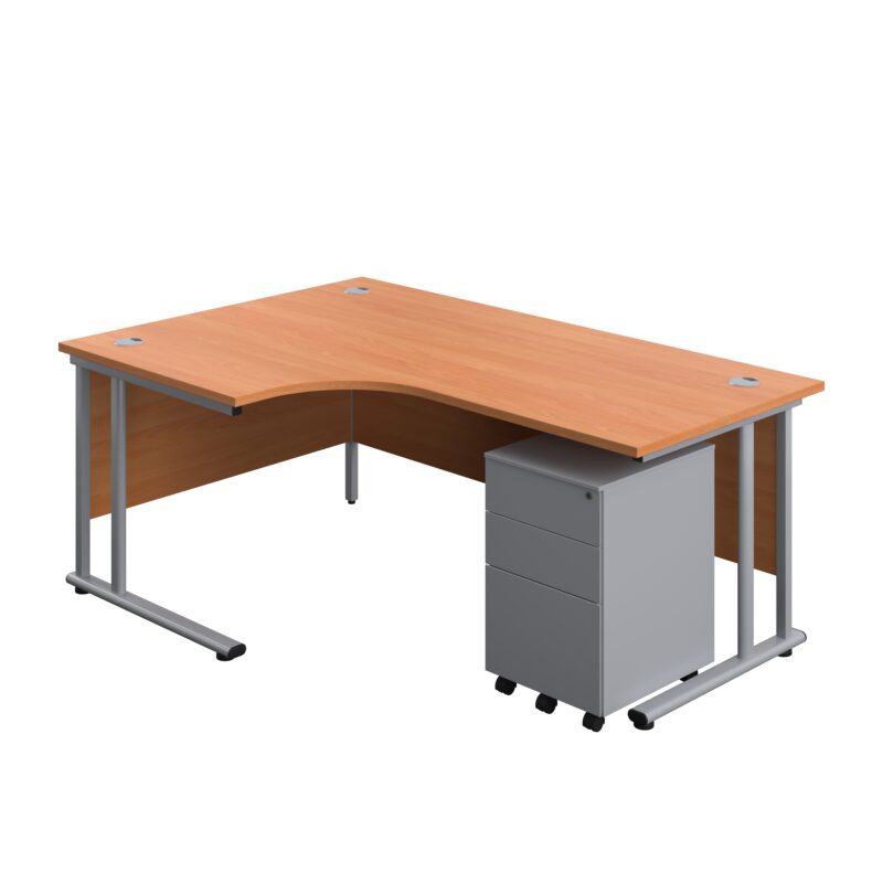 Twin Upright Left Hand Radial Desk + Under Desk Steel Pedestal 3 Drawers | 1800X1200 | Beech/Silver