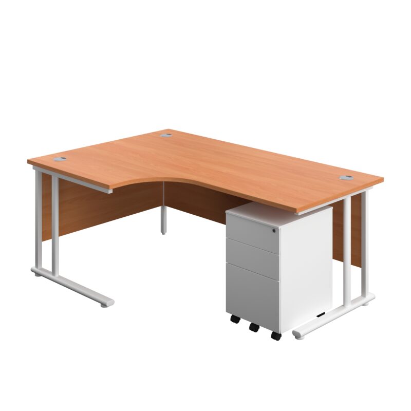 Twin Upright Left Hand Radial Desk + Under Desk Steel Pedestal 3 Drawers | 1800X1200 | Beech/White