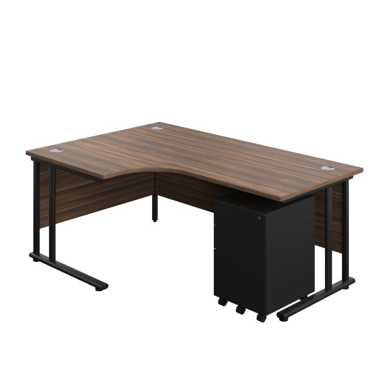 Twin Upright Left Hand Radial Desk + Under Desk Steel Pedestal 3 Drawers | 1800X1200 | Dark Walnut/Black