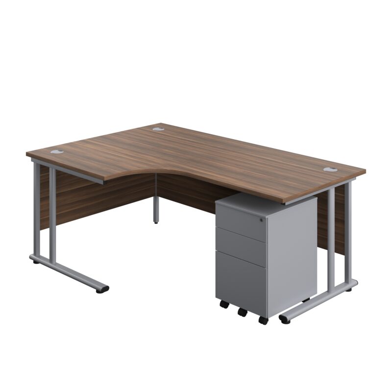 Twin Upright Left Hand Radial Desk + Under Desk Steel Pedestal 3 Drawers | 1800X1200 | Dark Walnut/Silver