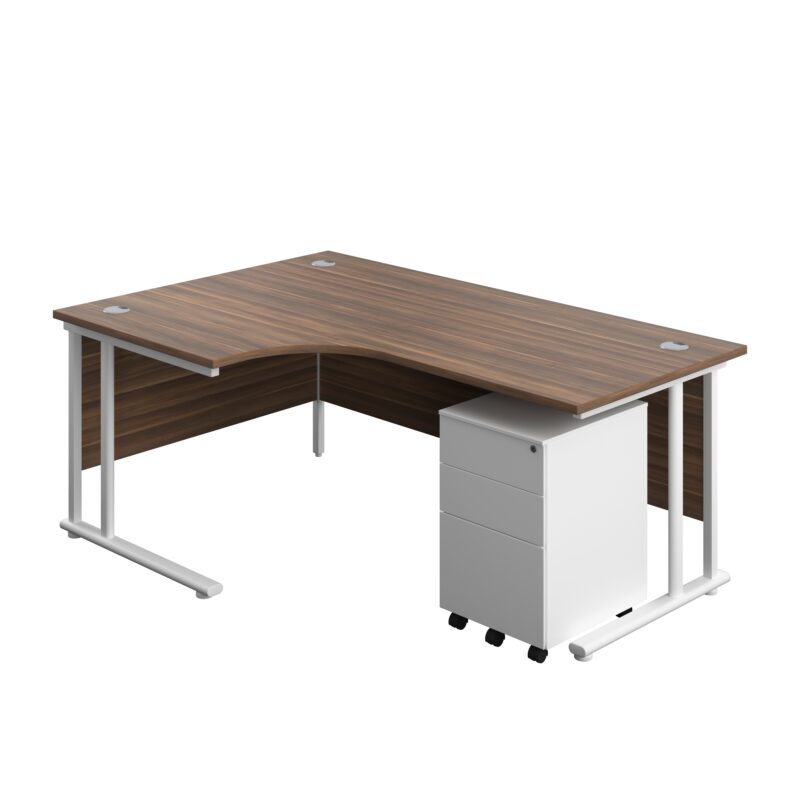 Twin Upright Left Hand Radial Desk + Under Desk Steel Pedestal 3 Drawers | 1800X1200 | Dark Walnut/White