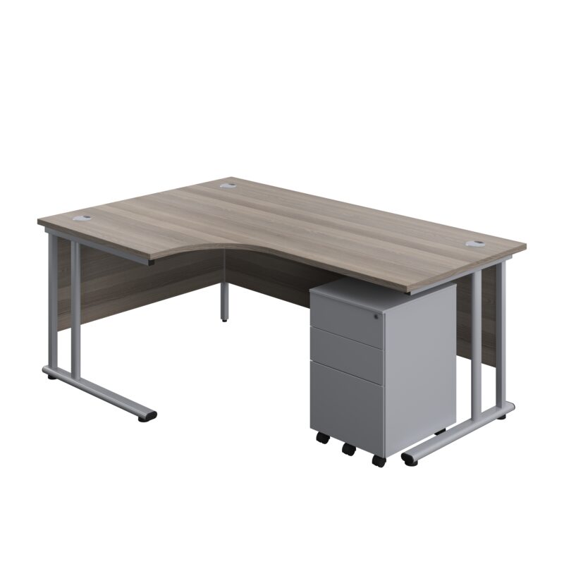 Twin Upright Left Hand Radial Desk + Under Desk Steel Pedestal 3 Drawers | 1800X1200 | Grey Oak/Silver