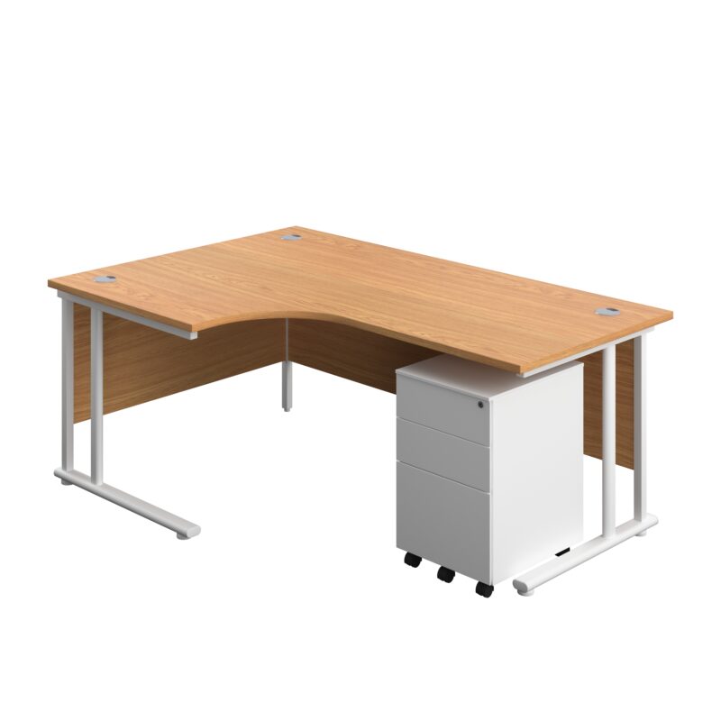 Twin Upright Left Hand Radial Desk + Under Desk Steel Pedestal 3 Drawers | 1800X1200 | Nova Oak/White