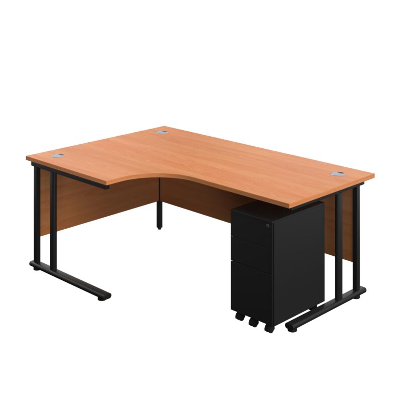 Twin Upright Left Hand Radial Desk + Slimline Steel Pedestal 3 Drawers | 1800X1200 | Beech/Black