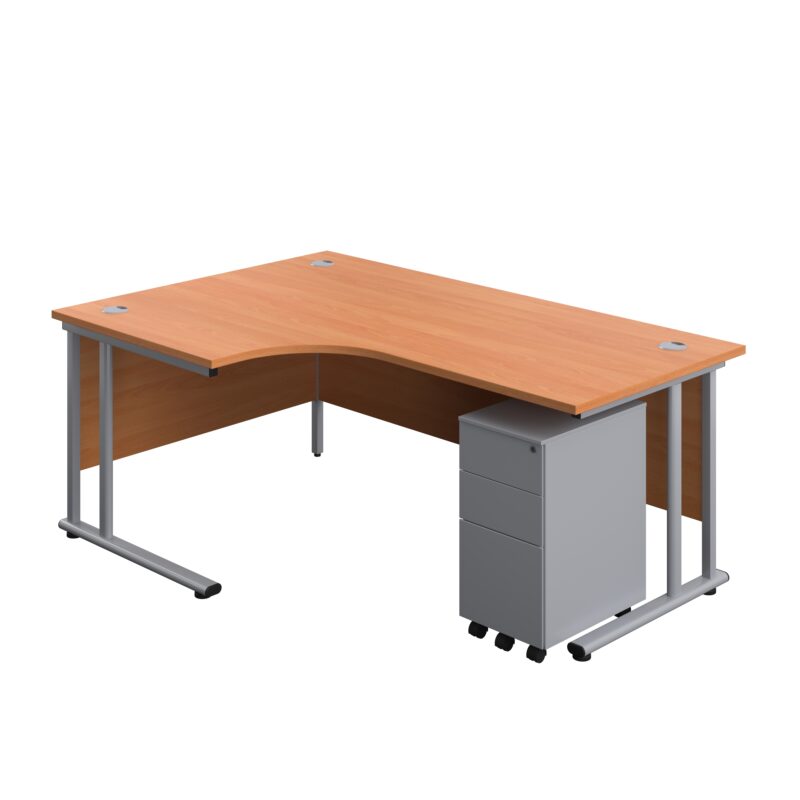 Twin Upright Left Hand Radial Desk + Slimline Steel Pedestal 3 Drawers | 1800X1200 | Beech/Silver