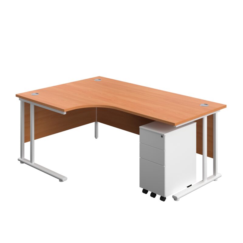 Twin Upright Left Hand Radial Desk + Slimline Steel Pedestal 3 Drawers | 1800X1200 | Beech/White