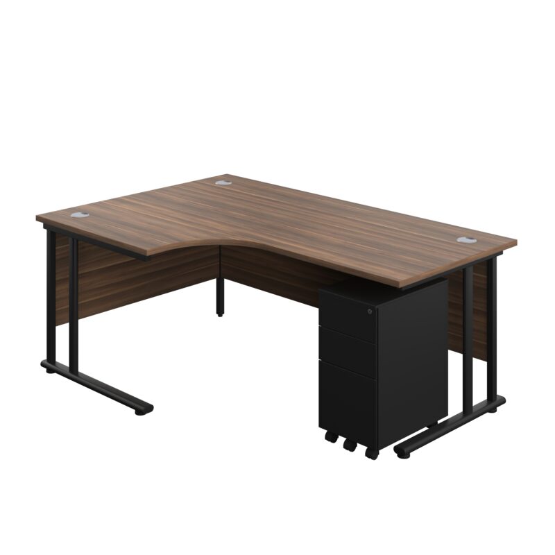 Twin Upright Left Hand Radial Desk + Slimline Steel Pedestal 3 Drawers | 1800X1200 | Dark Walnut/Black