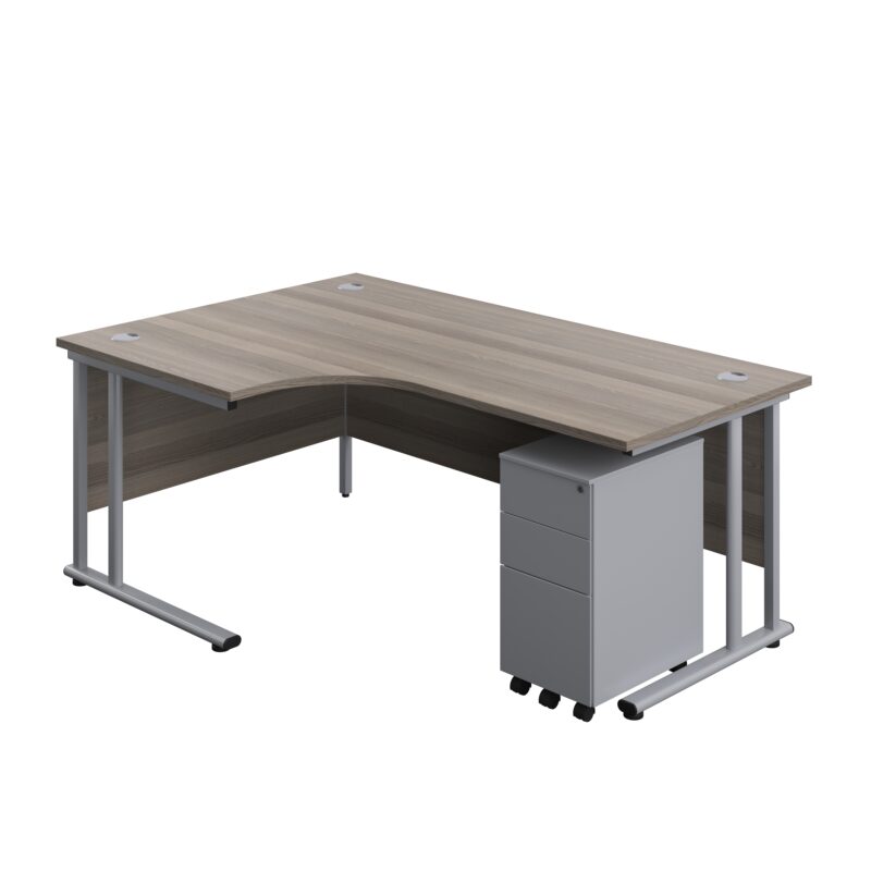 Twin Upright Left Hand Radial Desk + Slimline Steel Pedestal 3 Drawers | 1800X1200 | Grey Oak/Silver