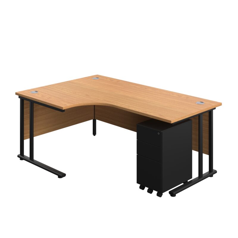 Twin Upright Left Hand Radial Desk + Slimline Steel Pedestal 3 Drawers | 1800X1200 | Nova Oak/Black