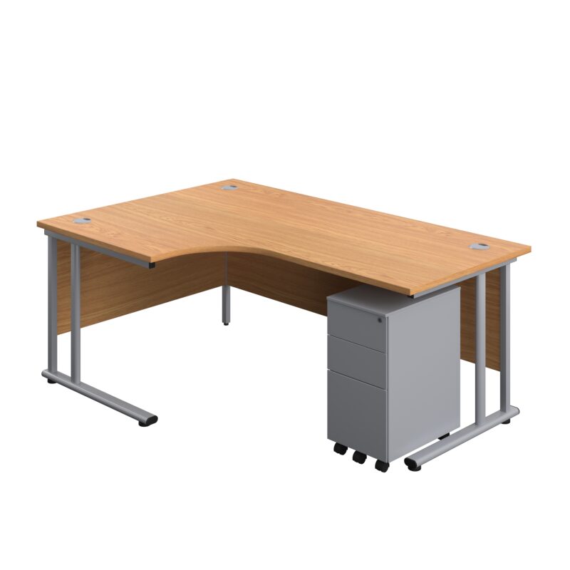 Twin Upright Left Hand Radial Desk + Slimline Steel Pedestal 3 Drawers | 1800X1200 | Nova Oak/Silver