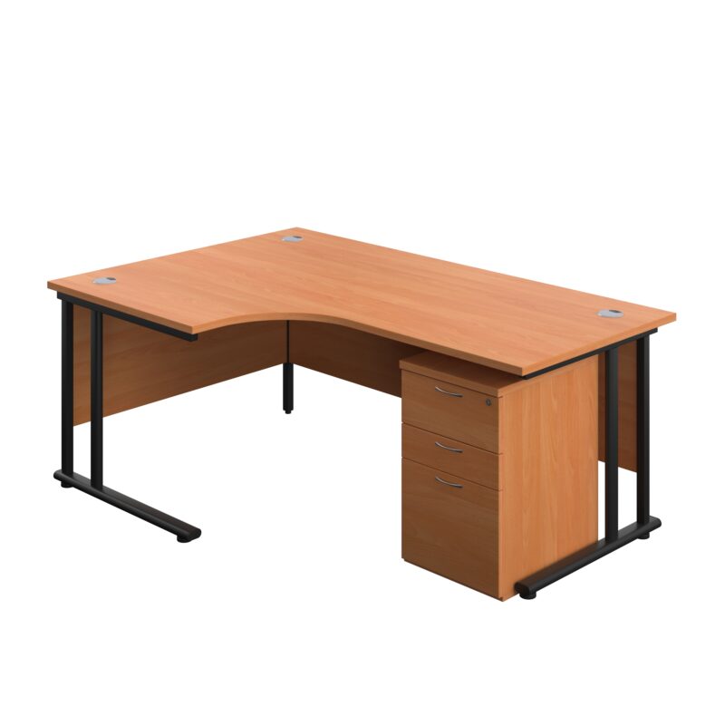 Twin Upright Left Hand Radial Desk + High Mobile Pedestal 3 Drawer | 1800X1200 | Beech/Black