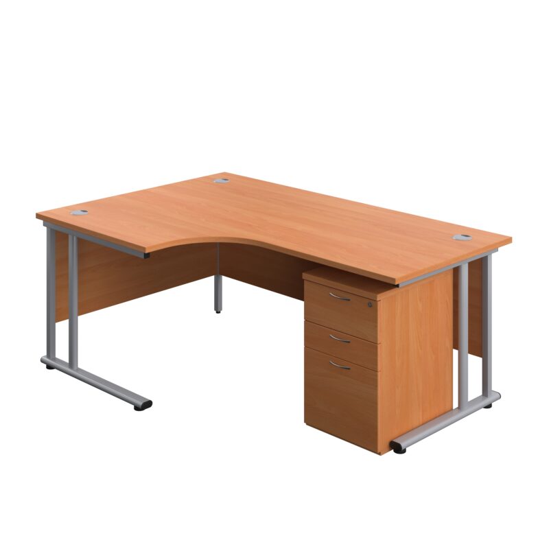 Twin Upright Left Hand Radial Desk + High Mobile Pedestal 3 Drawer | 1800X1200 | Beech/Silver