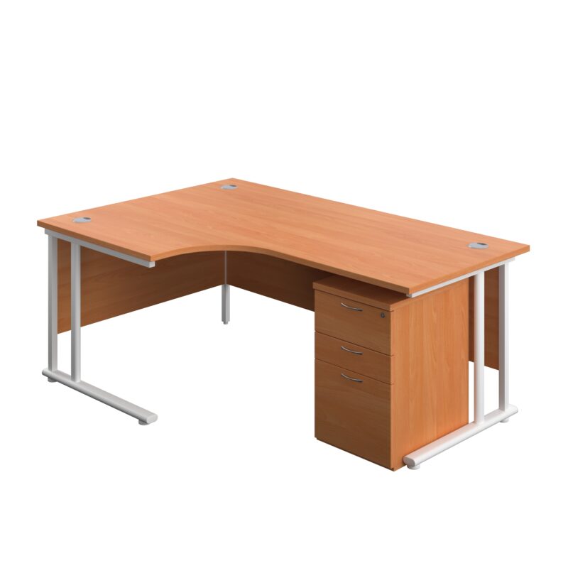 Twin Upright Left Hand Radial Desk + High Mobile Pedestal 3 Drawer | 1800X1200 | Beech/White