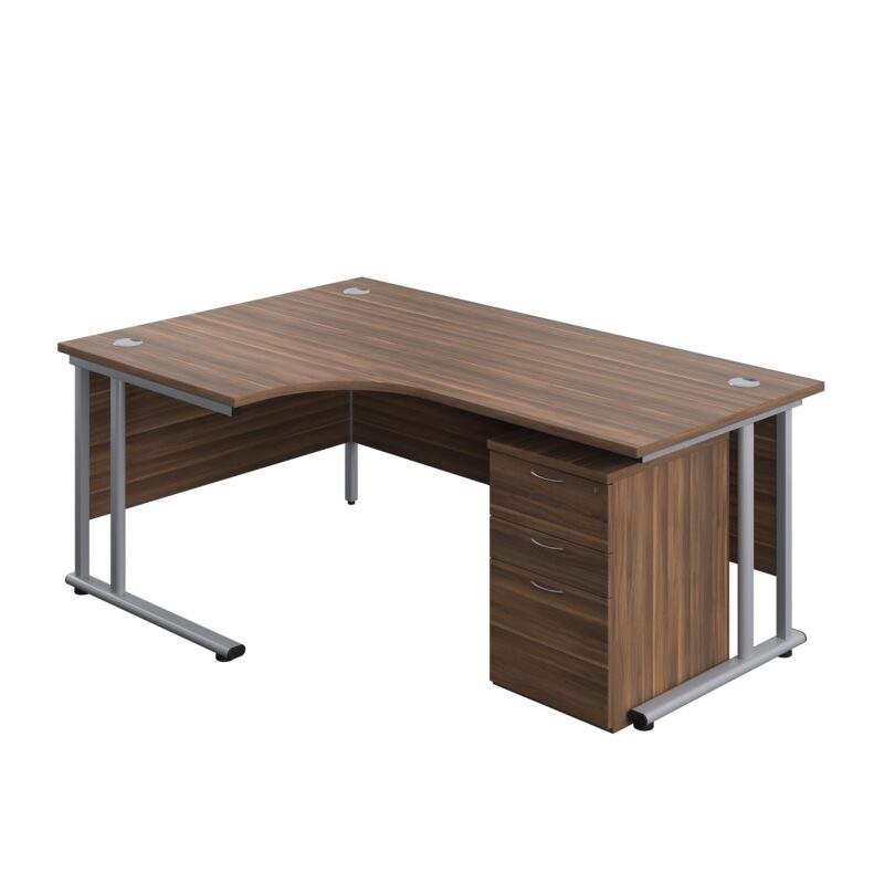 Twin Upright Left Hand Radial Desk + High Mobile Pedestal 3 Drawer | 1800X1200 | Dark Walnut/Silver