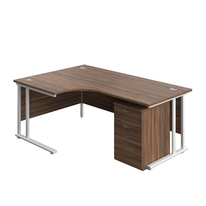 Twin Upright Left Hand Radial Desk + High Mobile Pedestal 3 Drawer | 1800X1200 | Dark Walnut/White