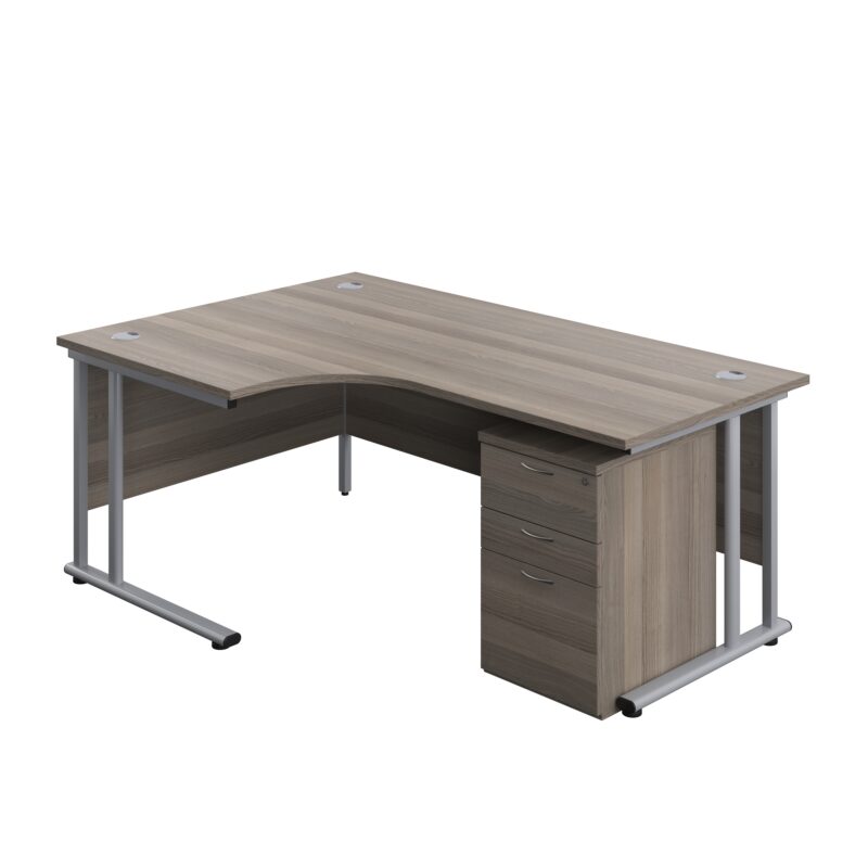 Twin Upright Left Hand Radial Desk + High Mobile Pedestal 3 Drawer | 1800X1200 | Grey Oak/Silver