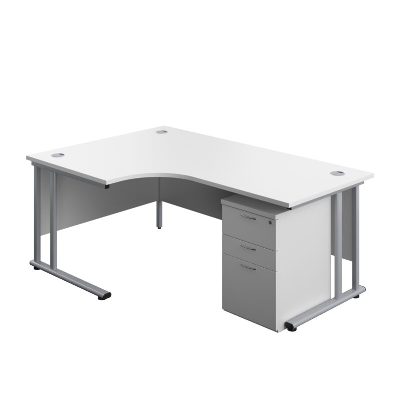 Twin Upright Left Hand Radial Desk + High Mobile Pedestal 3 Drawer | 1800X1200 | White/Silver