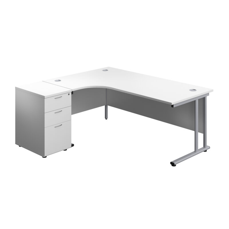 Twin Upright Left Hand Radial Desk + Desk High 3 Drawer Pedestal | 1800X1200 | 600mm Deep Pedestal | White/Silver