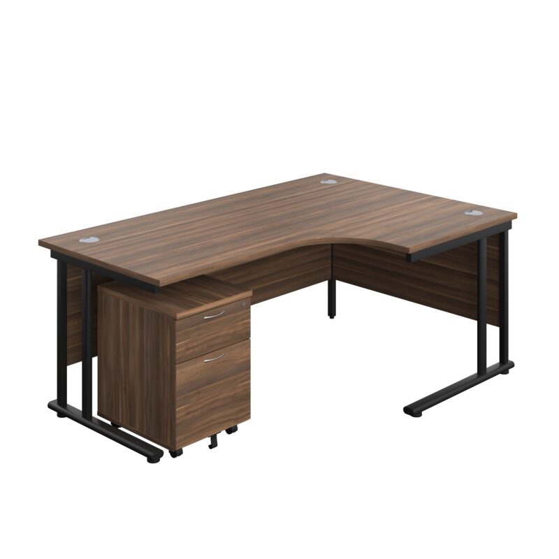 Twin Upright Right Hand Radial Desk + Mobile 2 Drawer Pedestal | 1800X1200 | Dark Walnut/Black