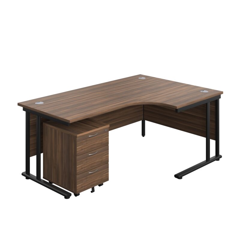 Twin Upright Right Hand Radial Desk + Mobile 3 Drawer Pedestal | 1800X1200 | Dark Walnut/Black