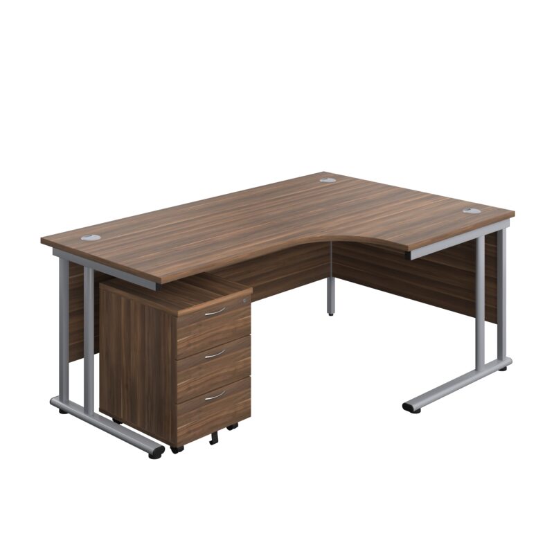 Twin Upright Right Hand Radial Desk + Mobile 3 Drawer Pedestal | 1800X1200 | Dark Walnut/Silver