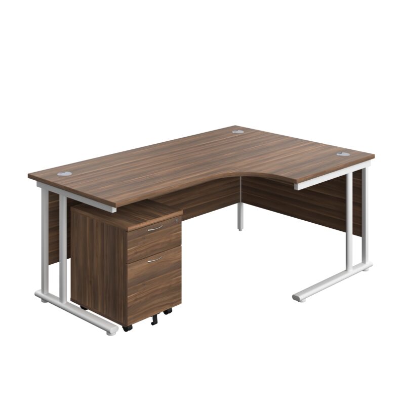 Twin Upright Right Hand Radial Desk + Mobile 2 Drawer Pedestal | 1800X1200 | Dark Walnut/White