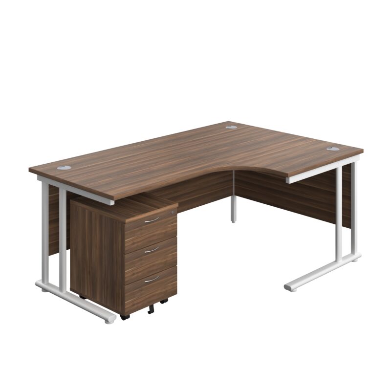 Twin Upright Right Hand Radial Desk + Mobile 3 Drawer Pedestal | 1800X1200 | Dark Walnut/White