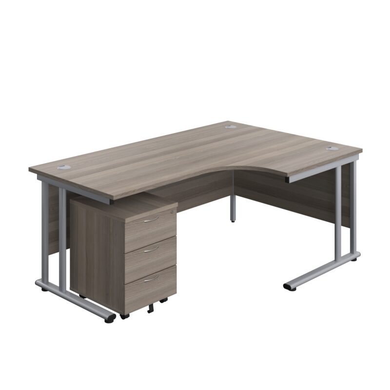 Twin Upright Right Hand Radial Desk + Mobile 3 Drawer Pedestal | 1800X1200 | Grey Oak/Silver