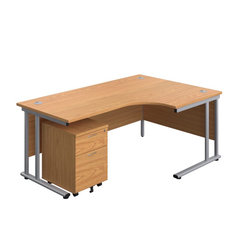 Twin Upright Right Hand Radial Desk + Mobile 2 Drawer Pedestal | 1800X1200 | Nova Oak/Silver