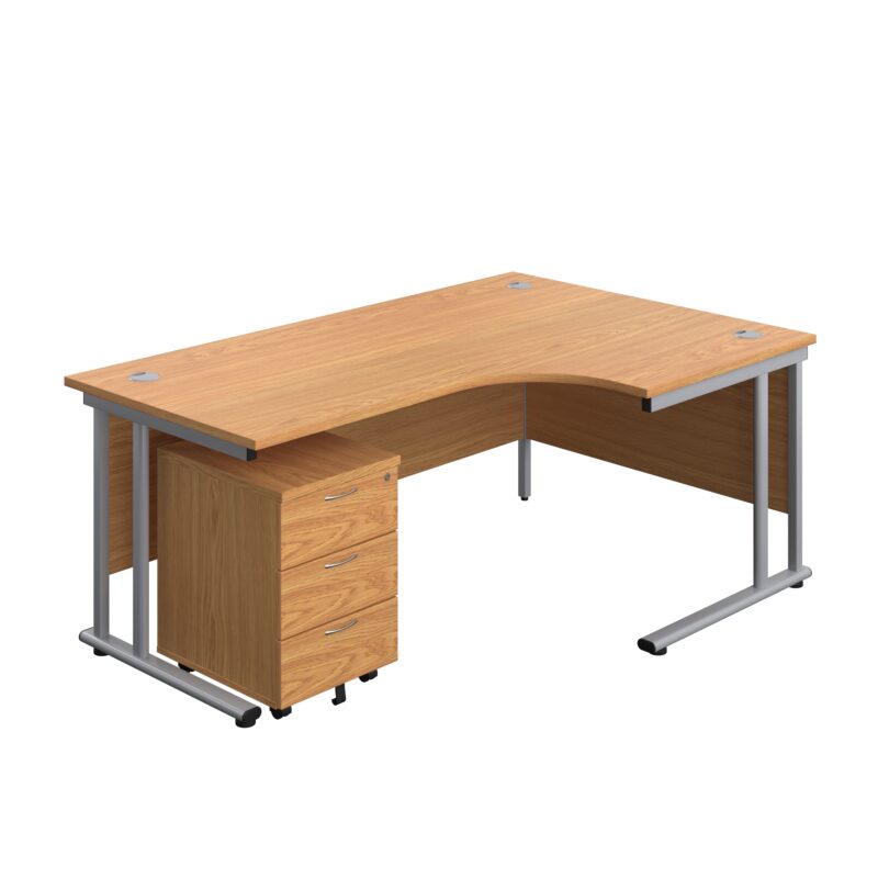 Twin Upright Right Hand Radial Desk + Mobile 3 Drawer Pedestal | 1800X1200 | Nova Oak/Silver