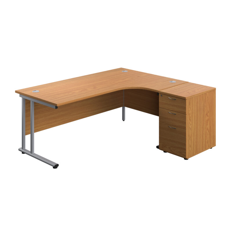 Twin Upright Right Hand Radial Desk + Desk High 3 Drawer Pedestal | 1800X1200 | 600mm Deep Pedestal | Nova Oak/Silver