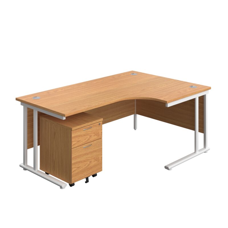 Twin Upright Right Hand Radial Desk + Mobile 2 Drawer Pedestal | 1800X1200 | Nova Oak/White