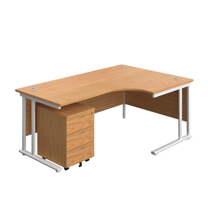 Twin Upright Right Hand Radial Desk + Mobile 3 Drawer Pedestal | 1800X1200 | Nova Oak/White