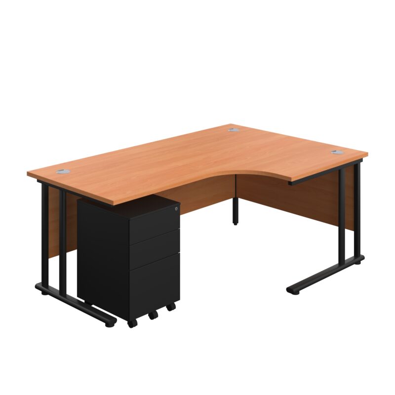 Twin Upright Right Hand Radial Desk + Under Desk Steel Pedestal 3 Drawers | 1800X1200 | Beech/Black