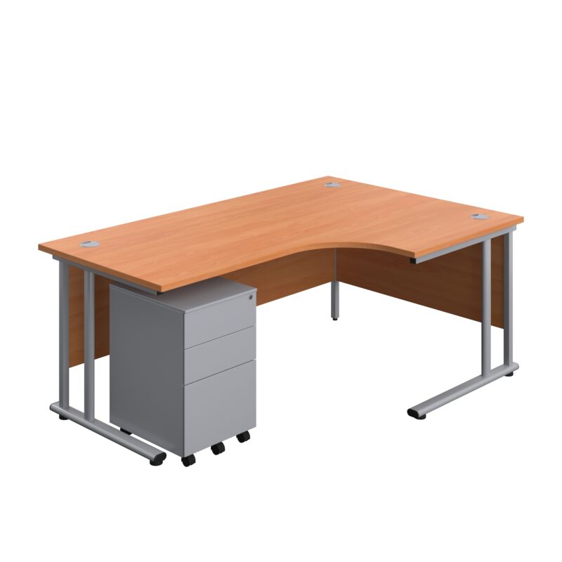 Twin Upright Right Hand Radial Desk + Under Desk Steel Pedestal 3 Drawers | 1800X1200 | Beech/Silver