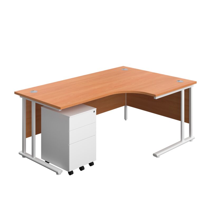 Twin Upright Right Hand Radial Desk + Under Desk Steel Pedestal 3 Drawers | 1800X1200 | Beech/White