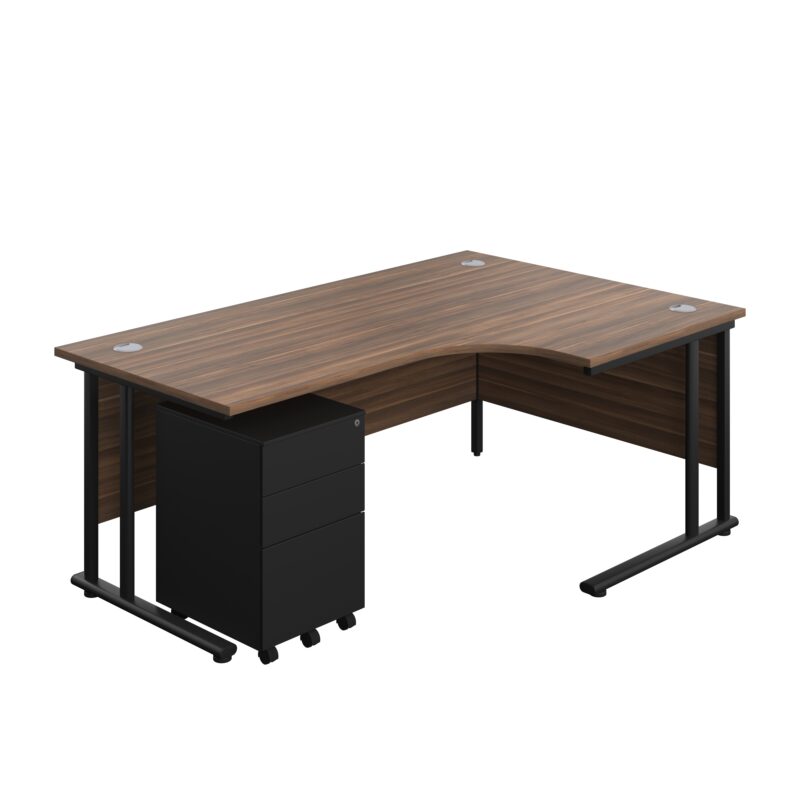 Twin Upright Right Hand Radial Desk + Under Desk Steel Pedestal 3 Drawers | 1800X1200 | Dark Walnut/Black