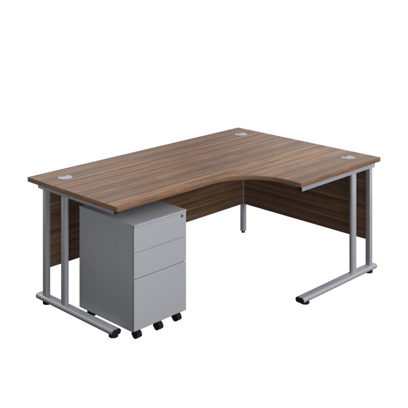 Twin Upright Right Hand Radial Desk + Under Desk Steel Pedestal 3 Drawers | 1800X1200 | Dark Walnut/Silver