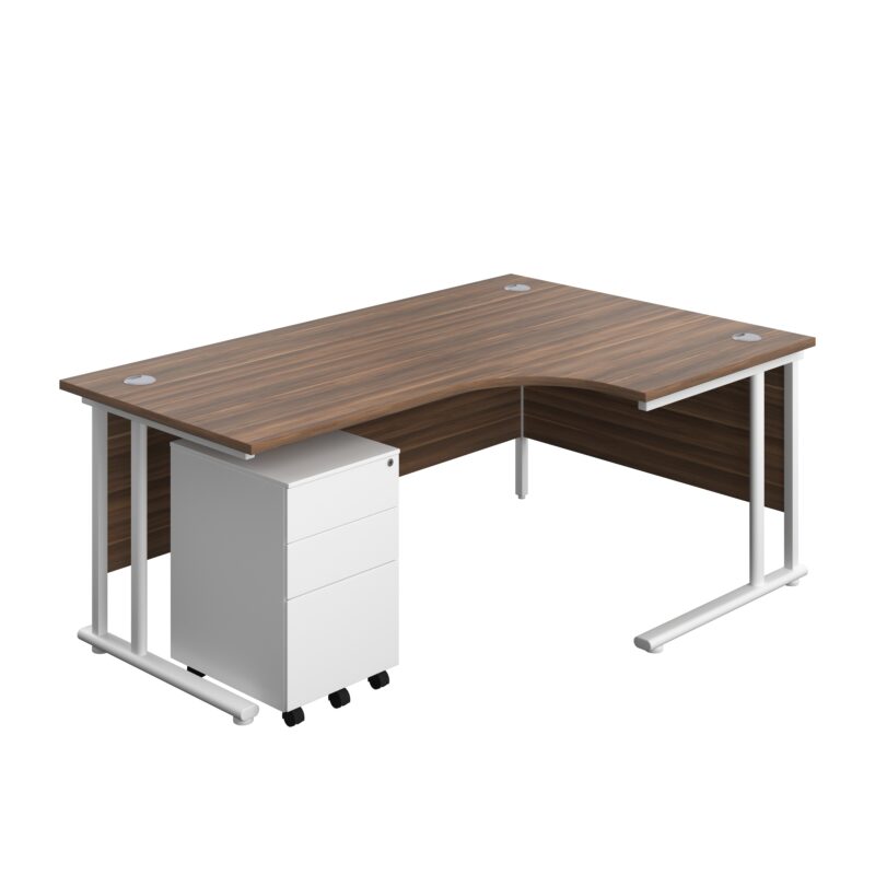 Twin Upright Right Hand Radial Desk + Under Desk Steel Pedestal 3 Drawers | 1800X1200 | Dark Walnut/White