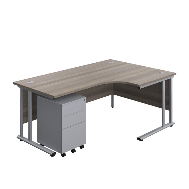 Twin Upright Right Hand Radial Desk + Under Desk Steel Pedestal 3 Drawers | 1800X1200 | Grey Oak/Silver