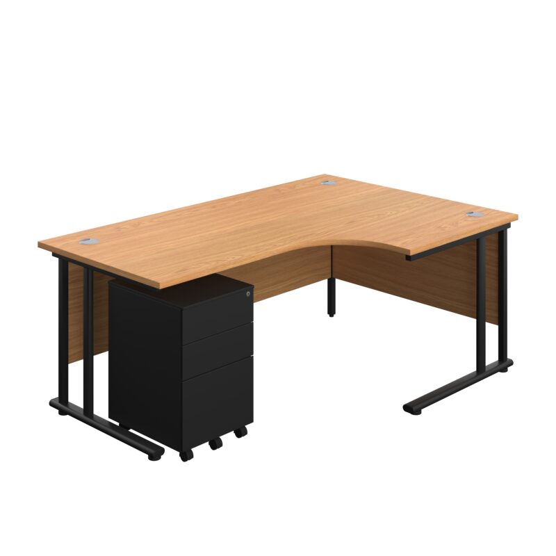 Twin Upright Right Hand Radial Desk + Under Desk Steel Pedestal 3 Drawers | 1800X1200 | Nova Oak/Black