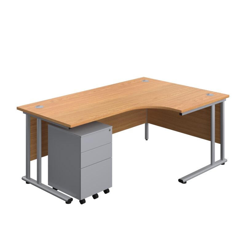 Twin Upright Right Hand Radial Desk + Under Desk Steel Pedestal 3 Drawers | 1800X1200 | Nova Oak/Silver