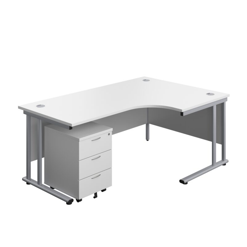 Twin Upright Right Hand Radial Desk + Mobile 3 Drawer Pedestal | 1800X1200 | White/Silver