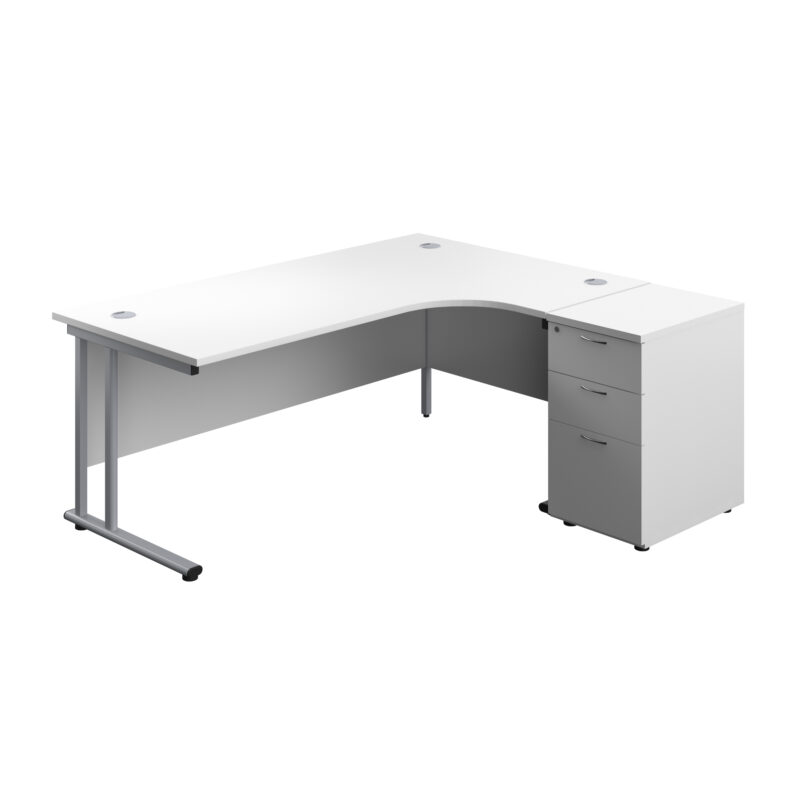 Twin Upright Right Hand Radial Desk + Desk High 3 Drawer Pedestal | 1800X1200 | 600mm Deep Pedestal | White/Silver