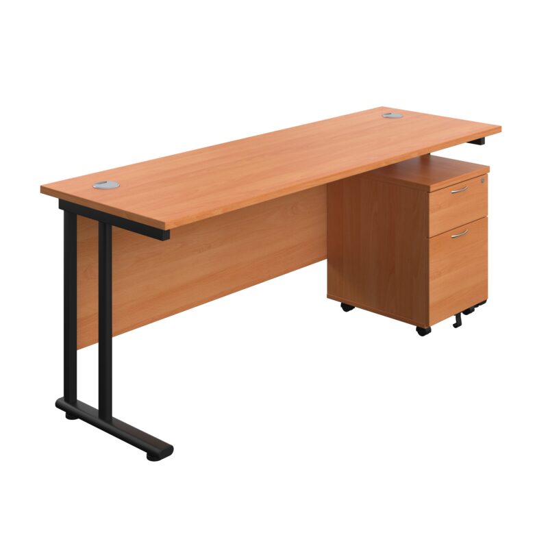 Twin Upright Rectangular Desk + Mobile 2 Drawer Pedestal | 1800X600 | Beech/Black