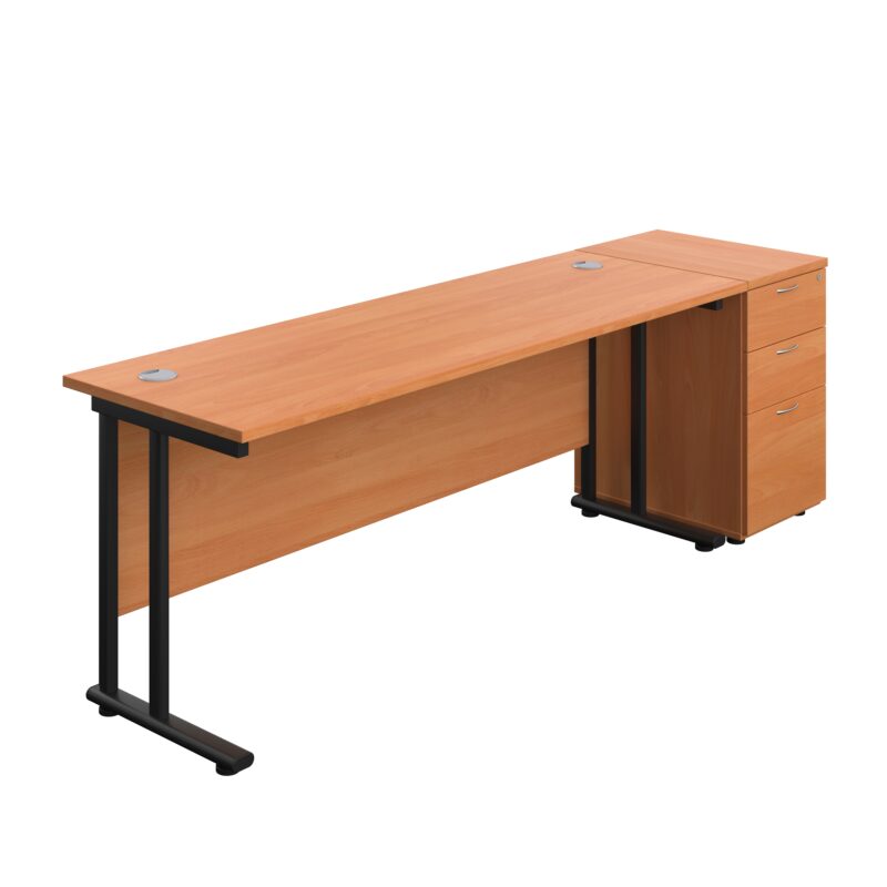 Twin Upright Rectangular Desk + Desk High 3 Drawer Pedestal | 1800X600 | Beech/Black