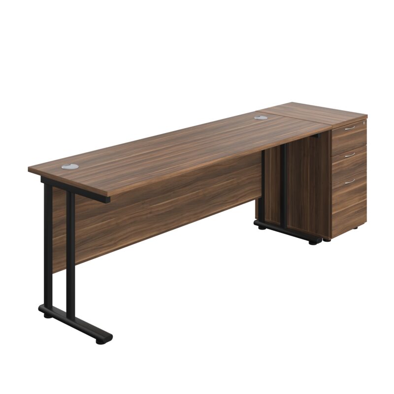 Twin Upright Rectangular Desk + Desk High 3 Drawer Pedestal | 1800X600 | Dark Walnut/Black