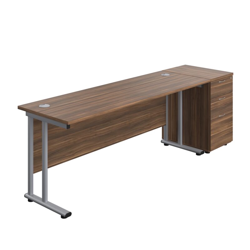 Twin Upright Rectangular Desk + Desk High 3 Drawer Pedestal | 1800X600 | Dark Walnut/Silver