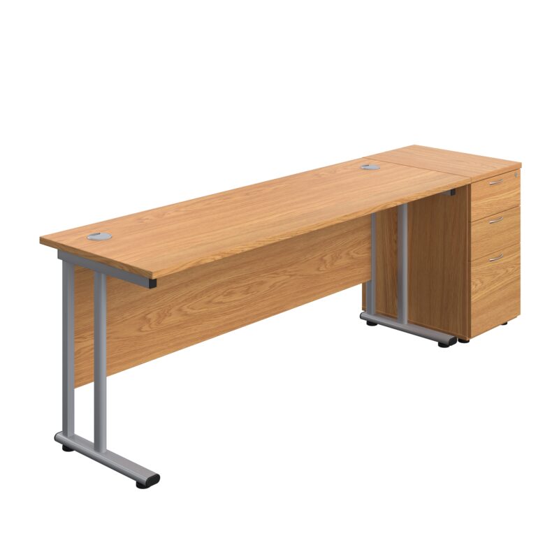 Twin Upright Rectangular Desk + Desk High 3 Drawer Pedestal | 1800X600 | Nova Oak/Silver