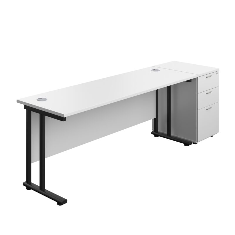 Twin Upright Rectangular Desk + Desk High 3 Drawer Pedestal | 1800X600 | White/Black